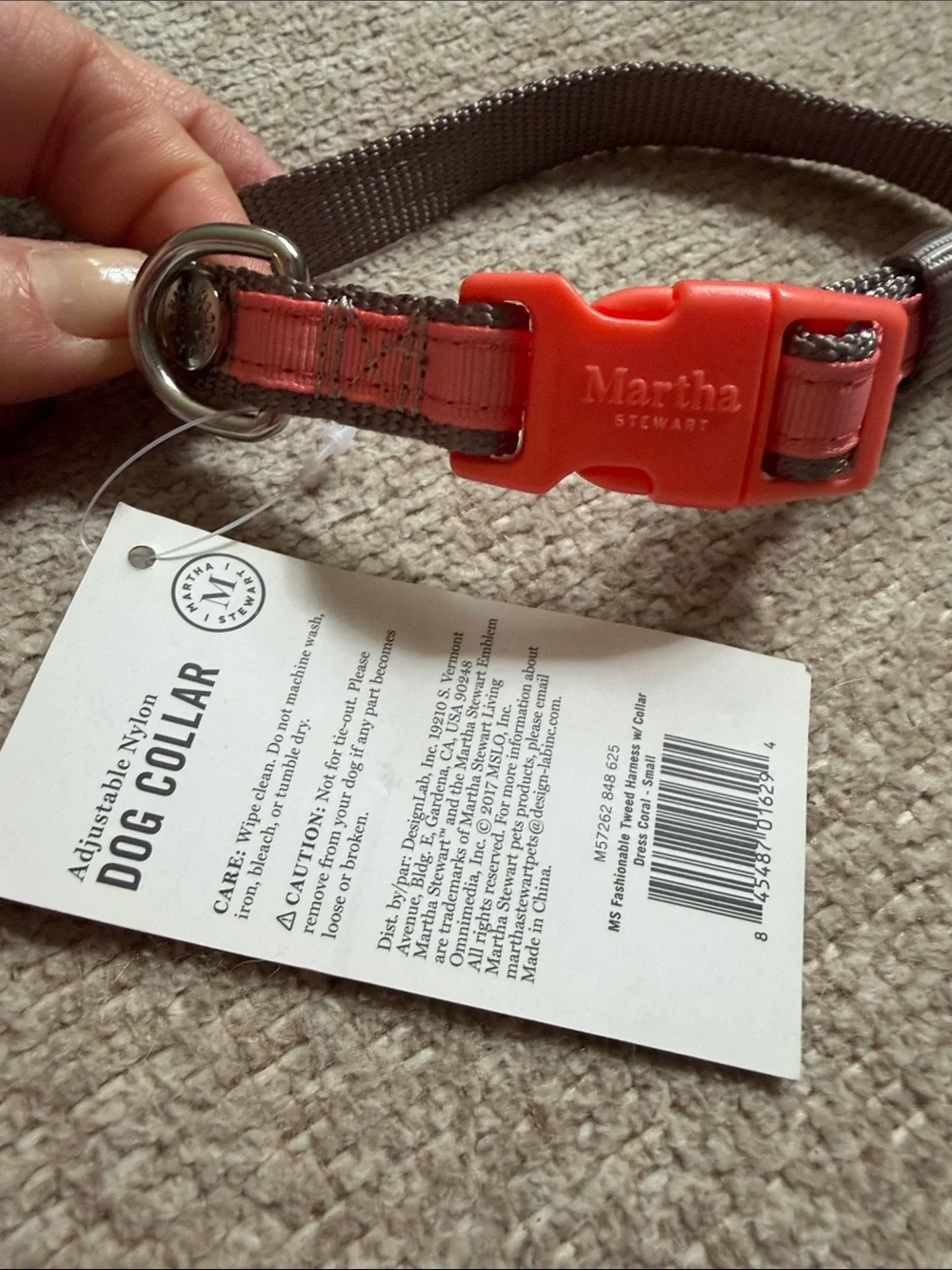 NWT Martha Stewart Nylon Dog Collar - Coral Buckle with Grey Webbing